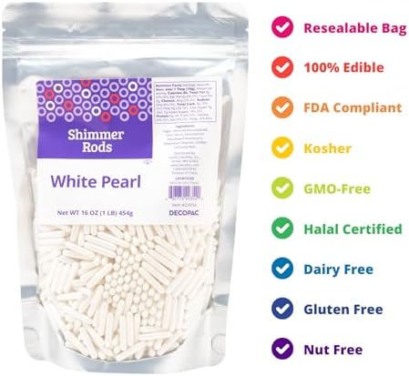 DecoPac Shimmer Rods, White Pearl Sugar Candy Decorations For Cakes, Toppings, and Cupcakes | Metallic | Extra Large Sprinkles | 1lb Pack