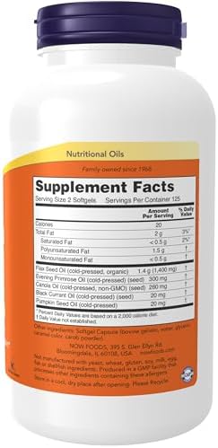 NOW Foods Supplements, Omega 3-6-9 1000 mg with a blend of Flax Seed, Evening Primrose, Canola, Black Currant and Pumpkin Seed Oils, 250 Softgels