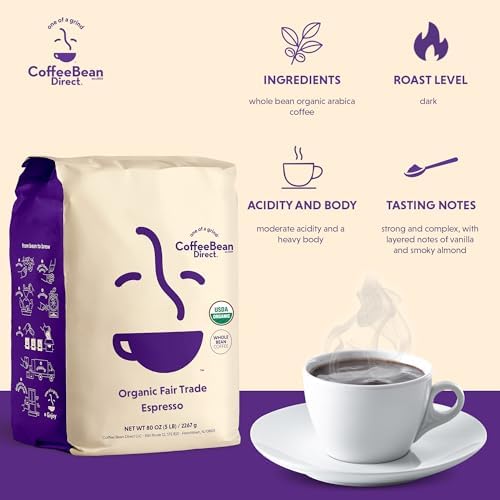 Coffee Bean Direct Organic Fair Trade Espresso, Whole Bean Coffee, Arabica Blend, Dark Roast, 5 Pound Bag (Pack of 1)