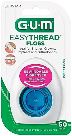 GUM EasyThread Threader Floss - Expanding Dental Floss for Braces, Bridges, and Implants - Built in Rigid Floss Threaders (50 Uses)