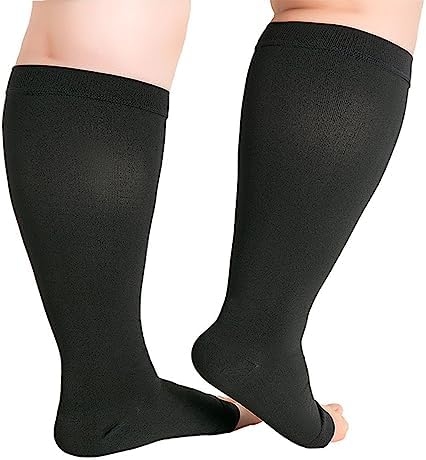 Hotfiary 1 Pair Plus Size Compression Socks-Up to 7XL Wide Calf 20-30 mmHg Compression Sock for Women Men Open Toe Stockings