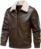 HOOD CREW Men’s Faux Leather Aviator Bomber Jacket with Fur Collar Warm Fleece Lined Biker Jackets Vintage Winter Coats