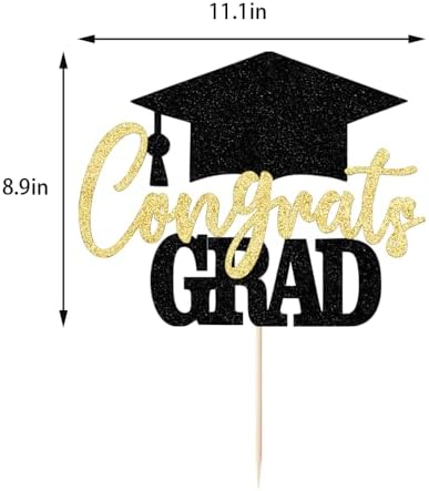 Glitter Congrats Grad Cake Topper, 2026 Graduation Party Decorations - High School College Congrats Grad Party Cake Decorations Supplies (black gold)