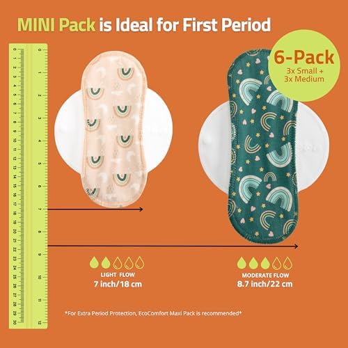 Non-Slip, Organic Cotton Reusable Menstrual Pads for Teen Girls (6 Pack S+M) - Leak Proof & Odor Free Cloth Period Pads - High-Temp Washable, Breathable & Skin-Safe for First Period Day Confidence
