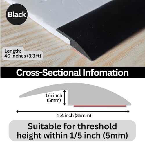 Floor Transition Strip Self Adhesive Carpet Wood Tile Vinyl Flooring Laminate Transition Cover Edge Trim Gap Doorway Threshold for Uneven Floors Heights Within 5 mm (Black, 40 inches)