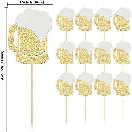 Gyufise 24Pcs Cheers Beer Mug Cupcake Toppers Gold Glitter Beers Cake Topper Decorations Cheers Beer Festival Celebrating Birthday Party Supplies