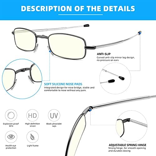 Reading Glasses Blue Light UV Blocking, Compact Foldable Spring Hinge Readers with Soft Nose Pad for Men Women 2 Pack Black/Gunmetal +1.5