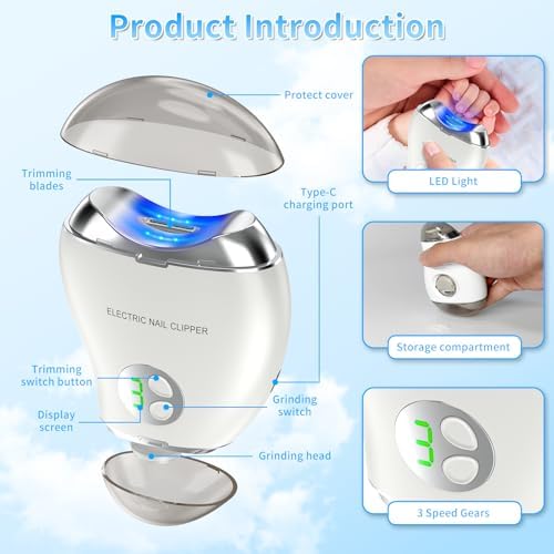 Automatic Electric Nail Clipper, 2 in 1 Baby Nail Trimmer with LED Light & Storage Box, Rechargeable Portable Fingernail Cutter with 3 Speed Gears, Safe Nail File for Babies, Kids, Adults