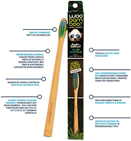Woobamboo! Bamboo Toothbrush - Slim Handle - Soft Bristle - BPA Free Nylon Bristles - Eco-Friendly, Biodegradable, Compostable, Vegan (Pack of 4)