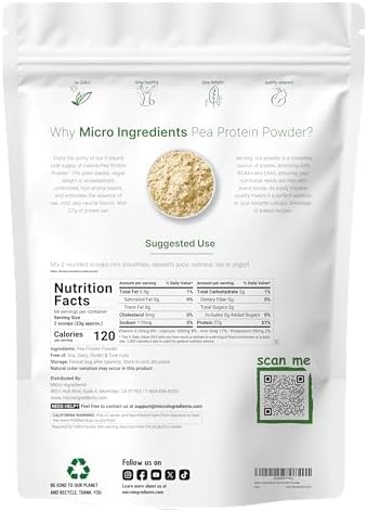 Micro Ingredients North American Grown, Pea Protein Powder, 5 Pounds | Plant Based, Unflavored | Complete Vegan Protein Source with BCAAs & EAAs – 27g Serving | Non-GMO, Keto Friendly