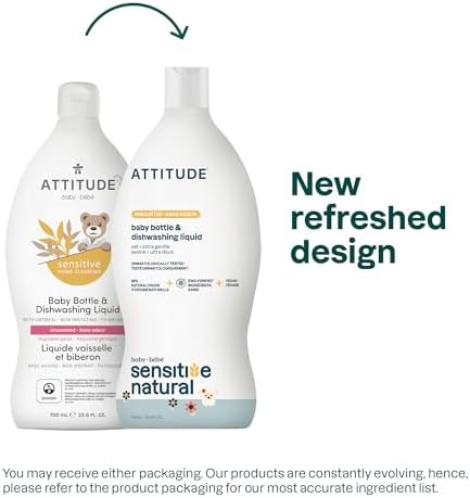 ATTITUDE Baby Bottle & Dish Soap with Oat Extract, EWG Verified Bottle Cleaner For Sensitive Skin, Fragrance Free & Dye Free, Removes Milk Residue & Grease, Vegan, Unscented, 23.7 Fl Oz