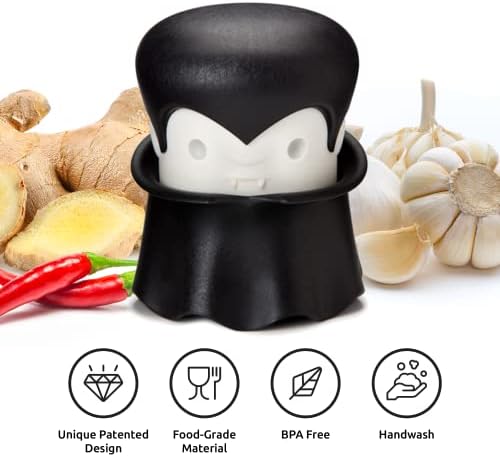 OTOTO Gracula Garlic Crusher, Garlic Mincer, Also for Ginger, Nuts, Chili, Herbs - Twist Top Mincer & Easy Squeeze Manual Press Peeler, Goth Gifts