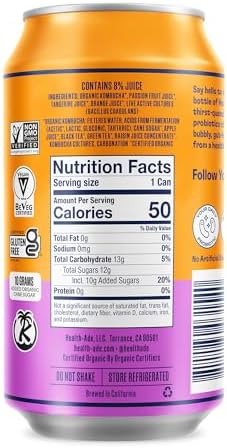 Health-Ade Passion Fruit-Tangerine Kombucha, Organic Drink, 12-Pack (11.5 Fl Oz Cans) – Fermented Tea with Probiotics, Non-GMO, Vegan, Gluten-Free