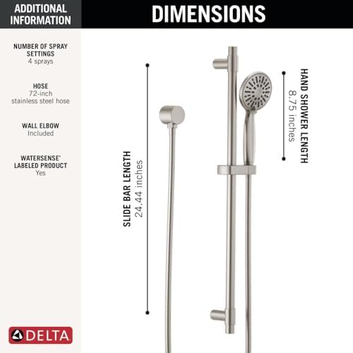 Delta Faucet Slide Bar Hand Held Shower with Hose, Brushed Nickel Handheld Shower Head, Slide Bar Hand Shower, Handheld Shower, Detachable Shower Head, Stainless 51361-SS