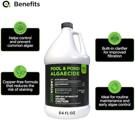 AquaDoc Liquid Algaecide for Swimming Pools and Ponds - 64 oz - Non-Metallic Formula for Algae Control with Built in Clarifier for Pools, Ponds and Fountains - Made in USA