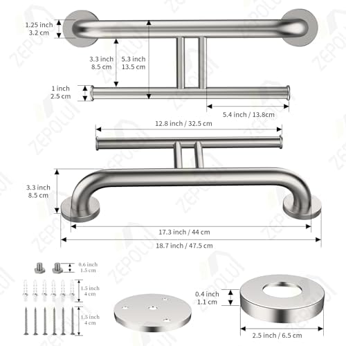 Brushed Nickel Handicap Grab Bar w/Toilet Paper Roll Holder, Zepolu 2-in-1 Safety Assist Bar Balanced Support Handle 17 Inch, Stainless Steel Wall Mounted Bathroom Toilet Grab Bar for Senior Elderly