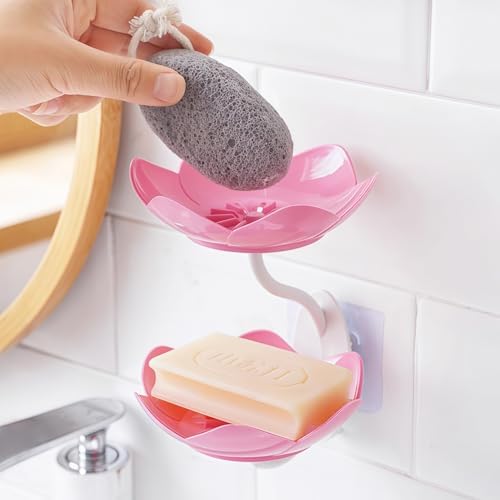Soap Dish Holder for Shower Bar Double Layer Cute Lotus Shape Adhesive Tray Sink Wall Mounted Shampoo NO-Drilling Self Draining Hanging Saver Rack Plastic Bathroom Bathtub Kitchen，Pink