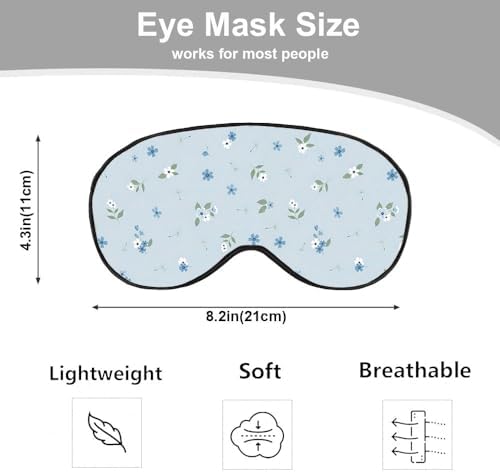 Floral Silk Eye Mask Sleep Mask Blooming Plant Pattern Light Blue White Flower Eye Mask with Adjustable Strap Lightweight for Women Work Travel Night Sleep