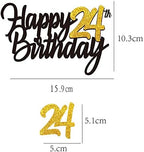 Happy 24th Birthday Cake Toppers Glitter 24th Anniversary Cake Topper 24 Years Loved Bday Decorations 24 Gold Birthday Cake Decorations Twenty-four Party Supplies for Women Men(Black Gold)