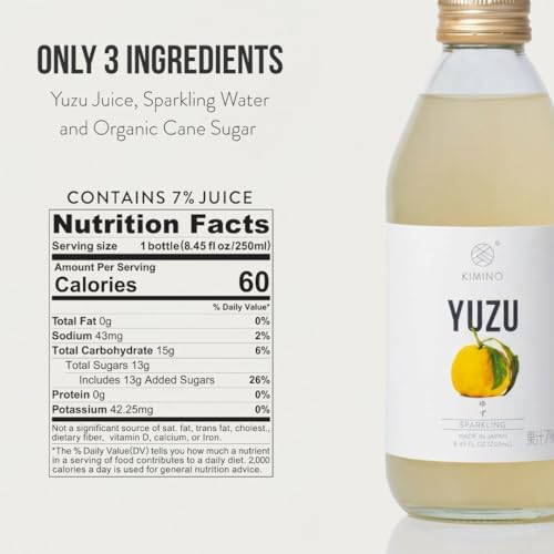 Kimino Sparkling Yuzu Juice - Japanese Yuzu Drink, All Natural Ingredients, Organic Sugar Cane, Hand Picked Shikoku - Sparkling Soda, Vitamin C Antioxidants, Healthy Alternative - 8.45 Fl Oz, 12 Pack