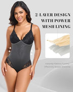TROPICA LOVE Shimmer Lace Bodysuit for Women Thong Tummy Control V-Neck Sexy Shapewear Top