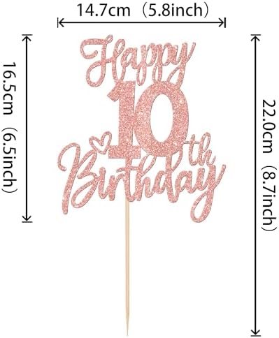 1 PCS Happy 10th Birthday Cake Topper Glitter Cheers to 10 Years Birthday Cake Pick Ten 10 Fabulous Cake Decoration for Happy 10th Birthday Anniversary Theme Party Decorations Supplies Rose Gold