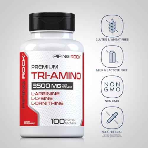 Piping Rock Tri Amino Supplement | 100 Caplets | Complex with L-Arginine, L-Ornithine, L-Lysine | Vegetarian, Non-GMO, Gluten Free