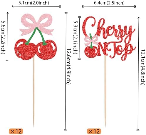 24 PCS She's the Cherry On Top Cupcake Toppers Glitter Sweet Cherry Cupcake Picks Cherry On Top Baby Shower Decorations for Fruit Theme Wedding Bridal Shower Birthday Party Cake Decorations Supplies