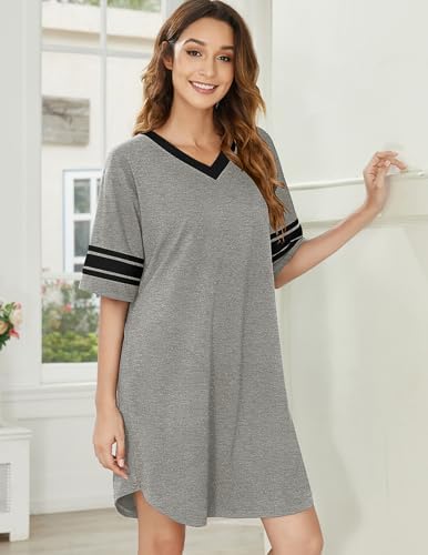 Ekouaer Nightgowns for Women Cotton Night Gown Short Sleeve Sleepwear V Neck Color Block Sleep Shirts Ladies Night Shirts