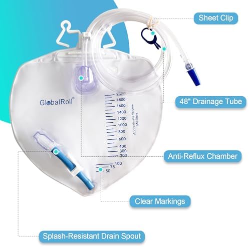 Urinary Drainage Bag with Anti-Reflux Chamber, Bedside Drainage Bag 2000 mL with 48" Drainage Tube, Hook Hanger and Clips, Urine Bag with Plastic Buckle for Home and Hospitals, 1 Pack