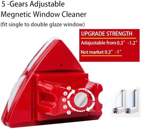 Fcare Outside Magnetic Window Cleaner, Double-Sided Brush Glass Wiper Cleaning Tools, Adjustable Magnetic Glider for High-Rise Double Glazed Thick Windows Thickness 0.3"-1.2" (red)