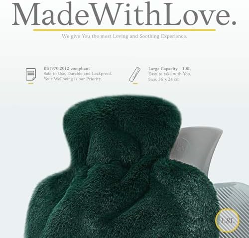 Hot Water Bottle - with Soft Premium Fleece Cover - Green, 2L - Heating Pad for Menstrual Cramps and Period Comfort - Bed Foot Warmer - Hot & Cold Compress for Back, Stomach, Neck Pain Relief