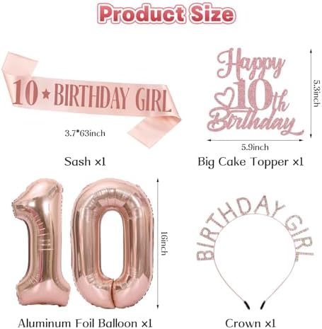 10th Birthday Decorations for Girls, Funny 10th Birthday Card, Happy 10th Birthday Crown and Sash Cake Toppers Balloons Party Supplies Kit, Pink Rose Gold 10 Year Old Gift for Girls
