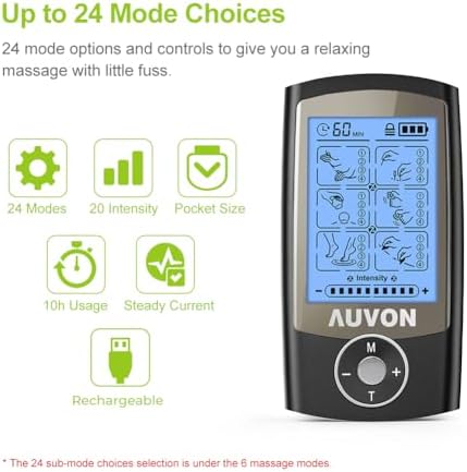 AUVON Rechargeable TENS Unit Muscle Stimulator, 24 Modes 4th Gen TENS Machine with 8pcs 2"x2" Premium Electrode Pads for Pain Relief