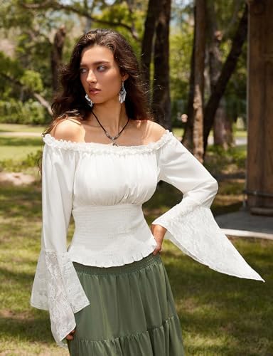 Scarlet Darkness Renaissance Shirt Women Bell Sleeve Off The Shoulder Pirate Blouse Peasant Dressy Top