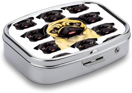 Black Yellow Pug Pill Box 2 Compartment Decorative Metal Pill Case for Pocket Or Purse Travel Portable Medicine Box Pill Container Organizer for Vitamins Fish Oils Supplements
