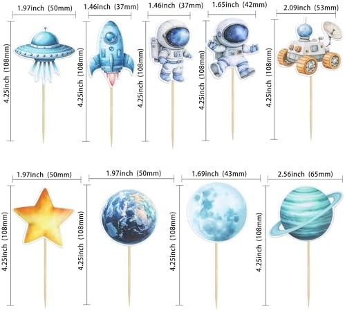 Gyufise 36Pcs Space Astronaut Cupcake Toppers Planet Rocket Telescope Trip to the Moon Cupcake Picks for Outer Space Baby Shower Gender Reveal Birthday Party Cake Decorations Blue