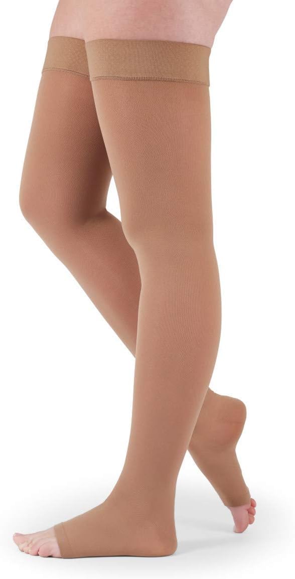 Mediven Assure 20–30 mmHg Thigh High Compression Stockings – Open Toe Semi-Opaque Support Hosiery for Women with Stay-Up Silicone Top Band, Durable Knit Fabric, Everyday Wear, Travel & Long-Hour Comfort, Large, Standard, Beige