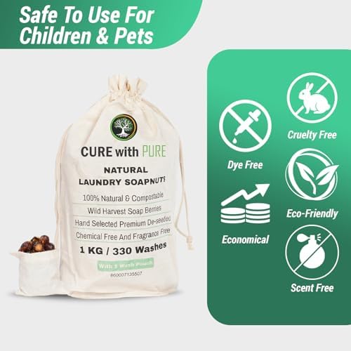 Cure wid Pure Organic Soap Nuts Deseeded 8oz/225g with 1 Wash Bag Approx 90 Loads Eco-friendly Soap Nuts Laundry Detergent,Chemical &Fragrance-free Organic Soap Berries Non-toxic Laundry Detergent