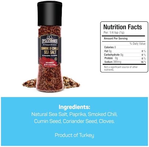Papa Palermo Smoked Chili Pepper Sea Salt Seasoning with Grinder, Kosher, All Natural, No Additives, 7.2oz