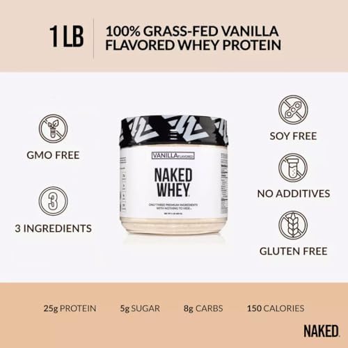NAKED Vanilla Whey Protein 1Lb, Only 3 Ingredients, All Natural Grass Fed Whey Protein Powder + Vanilla + Coconut Sugar - NSF Certified, GMO-Free, Soy Free, Gluten Free. Aid Muscle Growth, 12 Servings