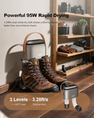 SOTHING Boot Dryer, Portable Shoe Dryer for Sneakers, Ozone Deodorizer, Retractable Hoses, 95W Rapid Drying, 3 Heat Levels, LED Touch Panel, 1–9H Timer, for Work Boots, Soccer Cleats, Gloves