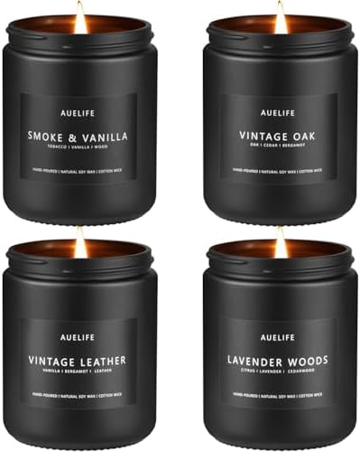 Scented Candles Set | Men Candle Set, Scented Candles for Home, Gifts for Men Aromatherapy Gift Set - 4 Pack Manly Gifts for Dad Fathers Day, Soy Candle of Leather/Smoke & Vanilla/Oak/Lavender