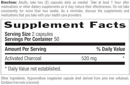 Country Life Coconut Activated Charcoal Capsules, 260mg – Natural Charcoal Supplement for Gas and Bloating Relief - Gluten-Free, 100 Vegan Capsules