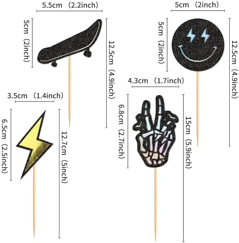 24Pcs One Cool Dude Cake Decorations Smiling Face and Lightning Cupcaketooper Skateboard Inspired Cupcake Toppers SkateboardParty Decorations