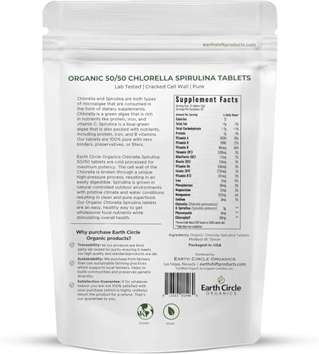 Premium Organic Chlorella / Spirulina Tablets 1000 Count (50/50) | Vegan, Kosher Green Algae Superfood | Cracked Cell Wall for Maximum Absorption | High in Protein, Iron, Chlorophyll - Pack of 1