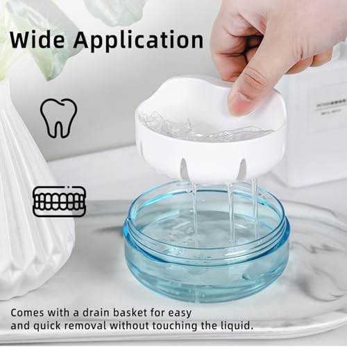 Leak Proof Denture Cup Kit Portable Retainer Case Perfect for Travel, Denture Case Container Cleaning Care for Dentures Aligner Mouth Guard with Denture Brush,Strainer, Removal Tool and Mirror