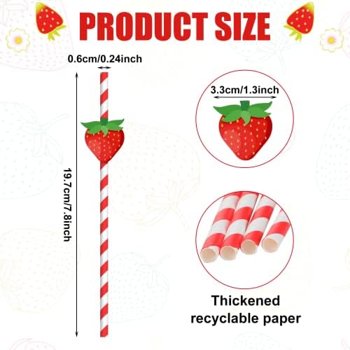 Vesici 100 Pcs Strawberry Straws Red White Striped Paper Straw Sweet Fruit Theme Disposable Drinking Decor for Summer Berry Fruit Birthday Bridal Baby Shower Wedding Party Supplies 0.24 x 7.76 Inches