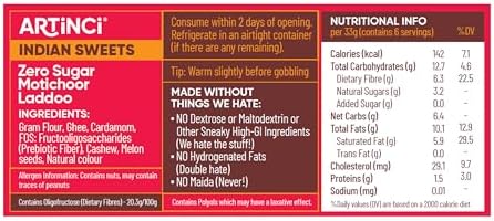 Artinci Sugar Free Kaju Katli (6Oz) & Motichoor Laddoo (6.5Oz) Combo, Low Carb Sweets, Desi Ghee Indian Mithai, Low GI