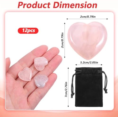 12 Pcs Pink Rose Quartz Heart Crystal Stones, Natural Polished Gemstones Mini Pocket Stones Handcrafted Gemstones for Love Stone with Plush Gift Bag